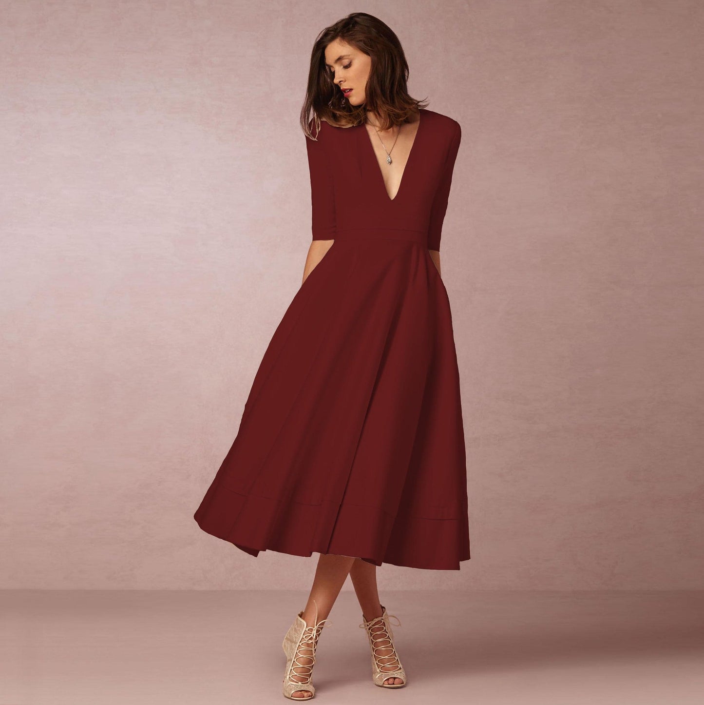 Sophia - Damen Midi Kleid mit V-Ausschnitt