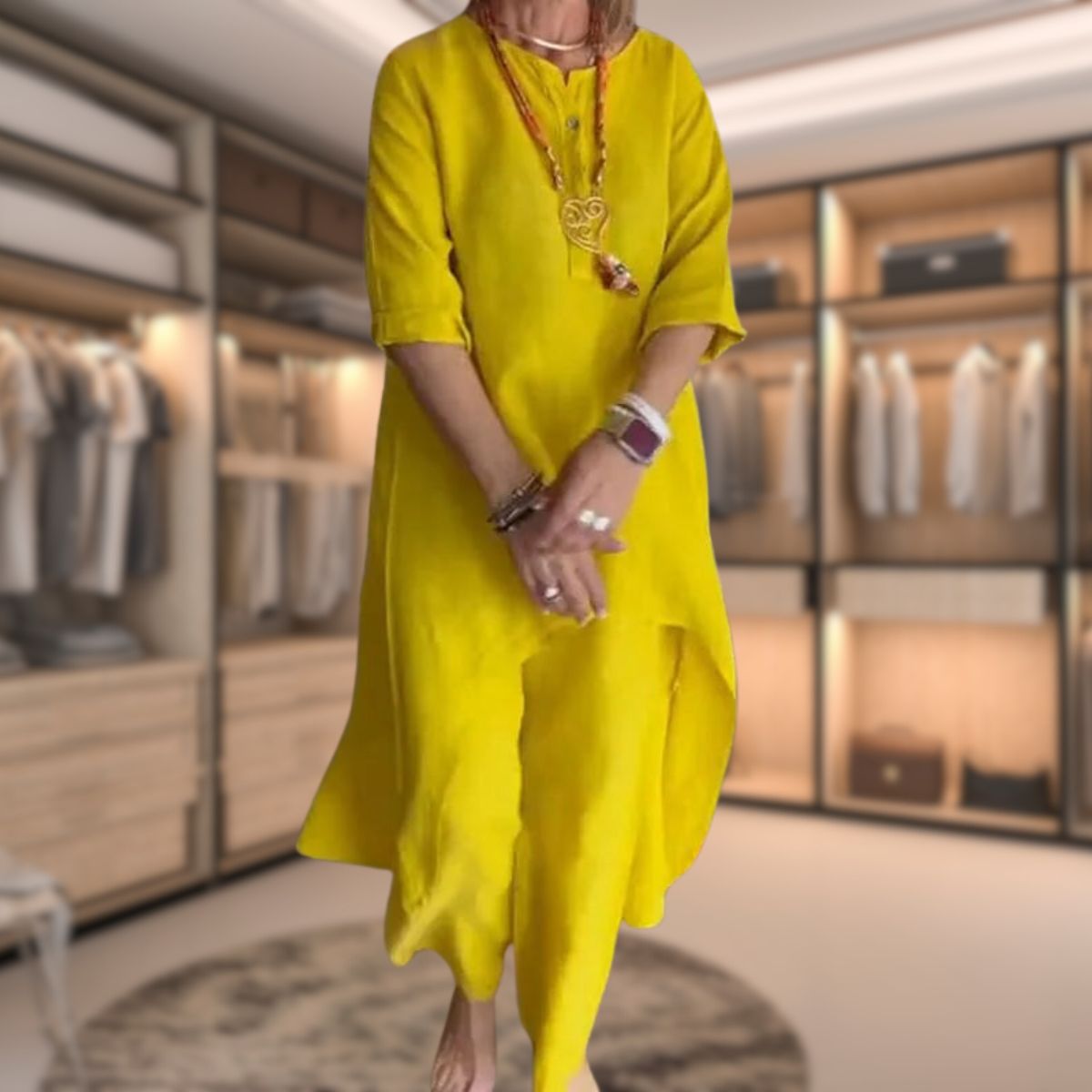 Aurora - Langes Leinenset für Damen mit Tunika und Hose mit weitem Bein