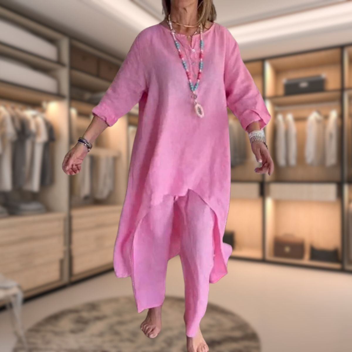 Aurora - Langes Leinenset für Damen mit Tunika und Hose mit weitem Bein