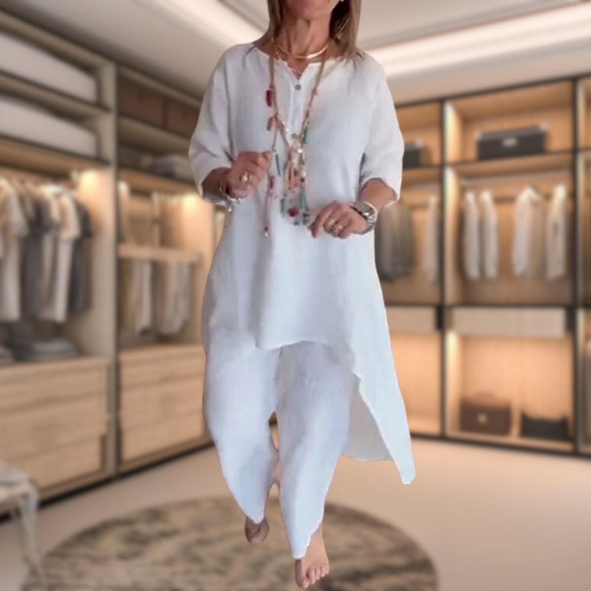 Aurora - Langes Leinenset für Damen mit Tunika und Hose mit weitem Bein