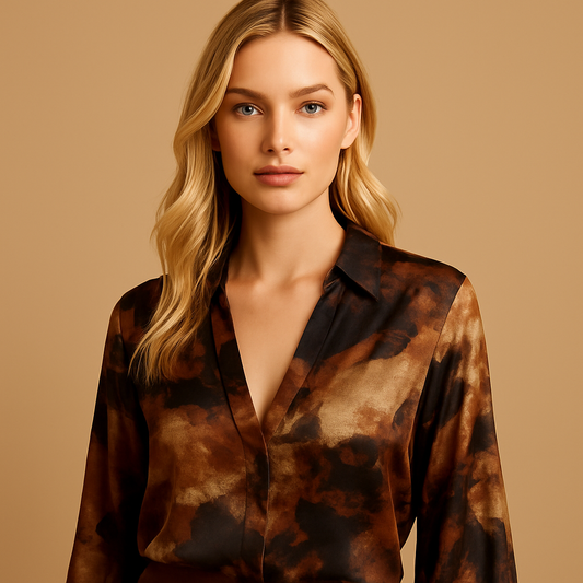 Erdfarbene Seidenbluse mit abstraktem Druck