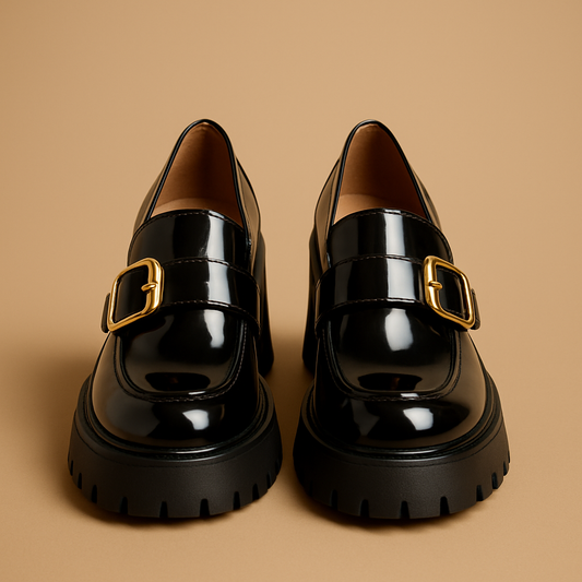 Schwarze Lack Plateau Loafers mit goldener Schnalle