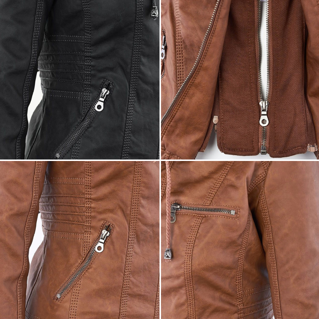 Jana – Damen Lederjacke mit Kapuze und Reißverschluss