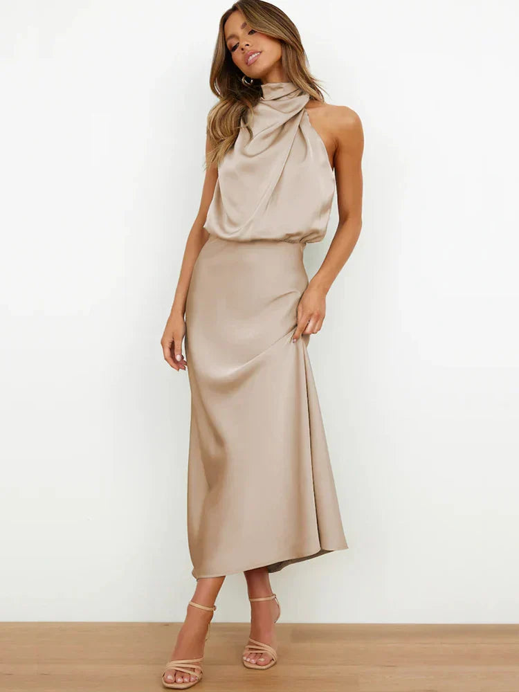 Isabella - Damen Satin Kleid mit Stehkragen