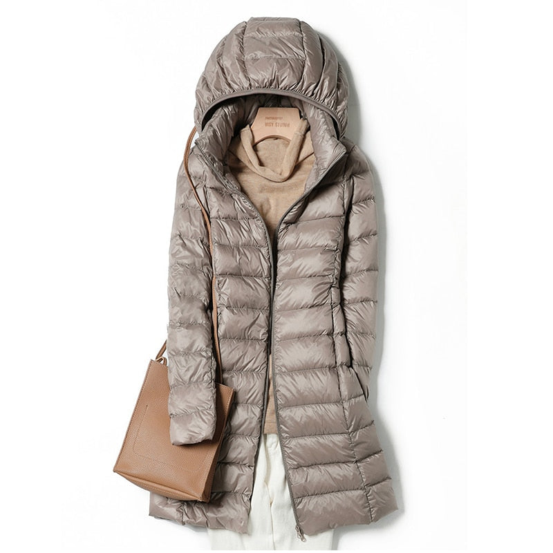 Anna – Damen Steppjacke lang mit Kapuze