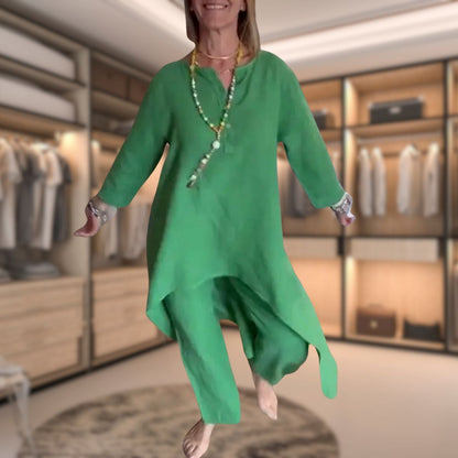 Aurora - Langes Leinenset für Damen mit Tunika und Hose mit weitem Bein