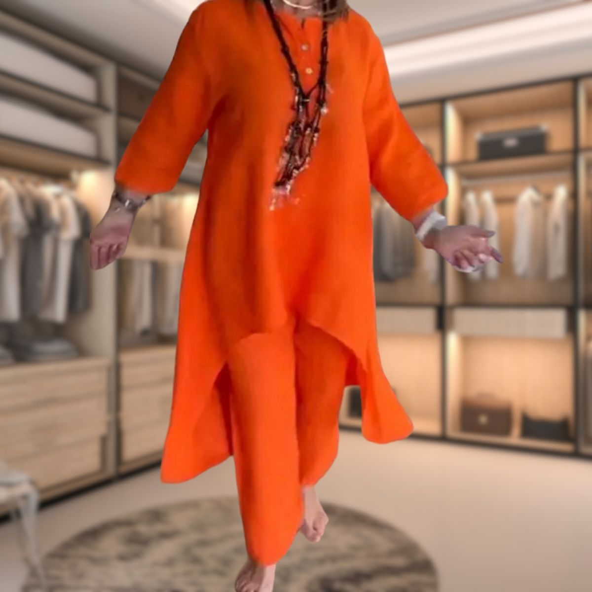 Aurora - Langes Leinenset für Damen mit Tunika und Hose mit weitem Bein