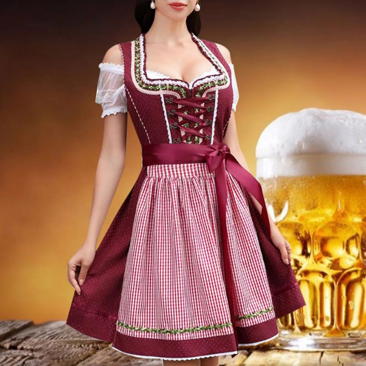 Traditionelles Mini-Dirndlkleid mit Schnürmieder und Karoschürze
