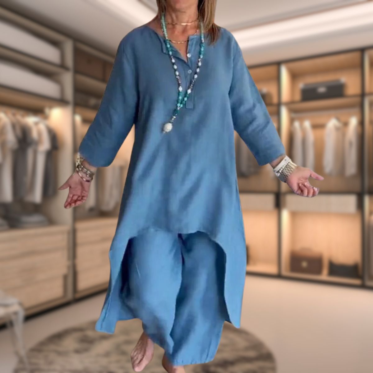 Aurora - Langes Leinenset für Damen mit Tunika und Hose mit weitem Bein