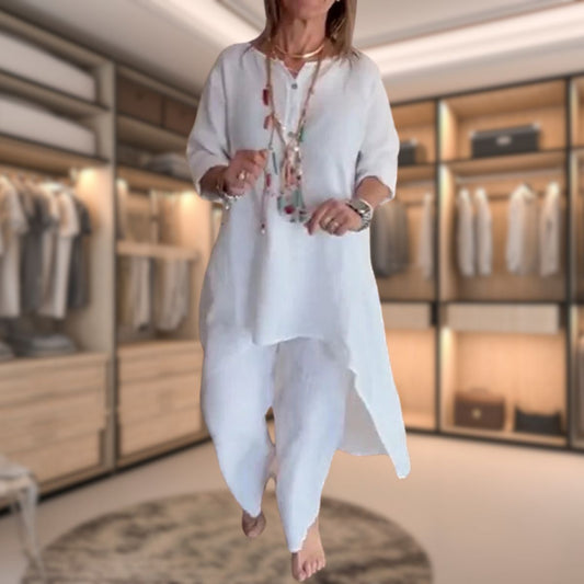Aurora - Langes Leinenset für Damen mit Tunika und Hose mit weitem Bein