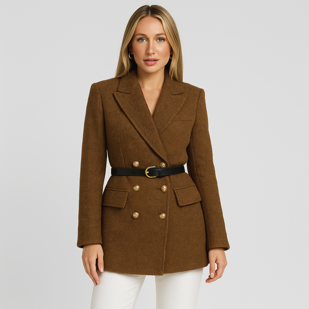 Sophie – Damen Tweed-Blazer mit Gürtel und Goldknöpfen