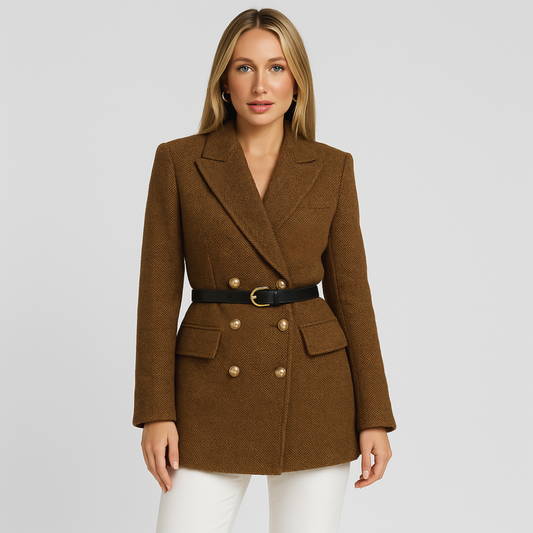 Sophie – Damen Tweed-Blazer mit Gürtel und Goldknöpfen