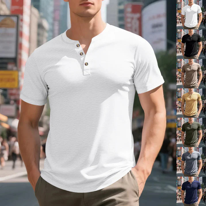 Javier – Herren-T-Shirt mit Henley-Ausschnitt und Knopfleiste, kurzärmelig