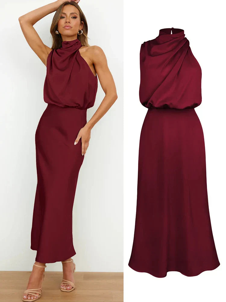 Isabella - Damen Satin Kleid mit Stehkragen