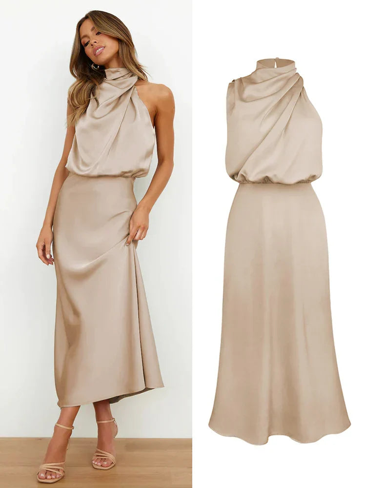 Isabella - Damen Satin Kleid mit Stehkragen
