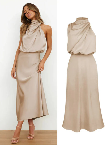 Isabella - Damen Satin Kleid mit Stehkragen
