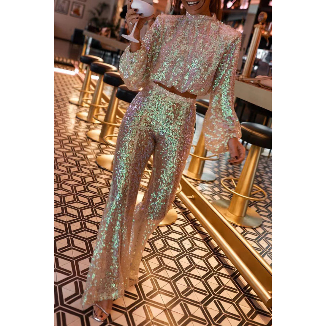 Alessia - Damen Pailletten Zweiteiler mit Schlaghose und Blusentop