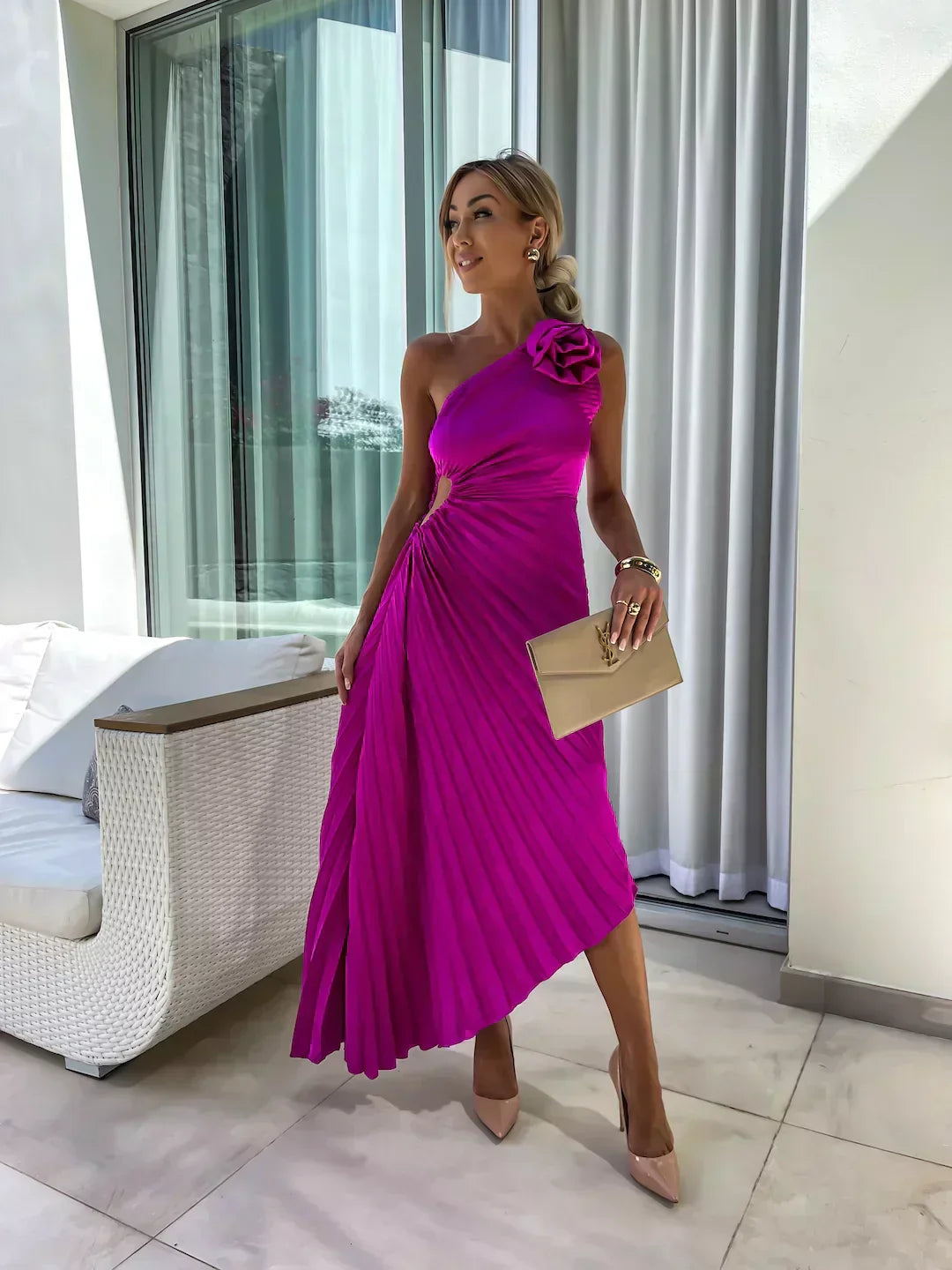 Sophia – Elegantes One-Shoulder Faltenkleid Damen