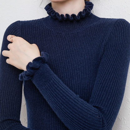 Amelie – Gerippter Strickpullover mit Rüschenkragen Damen