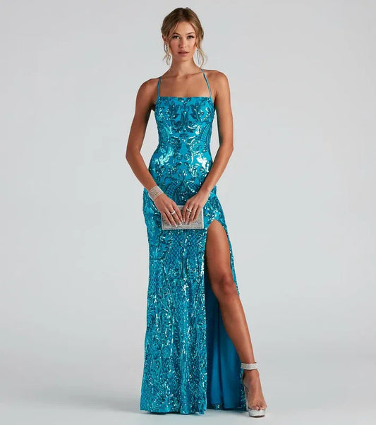 Valentina – Glitzerndes Abendkleid mit Beinschlitz und Spaghettiträgern